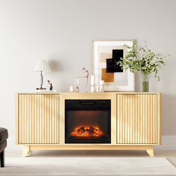 SYNGAR 58" Fireplace TV Stand with 23" Electric Fireplace Insert, Modern Media Console, Oak Finish, Double Grid Doors & Gold Handles – Storage Entertainment Center for Living Room