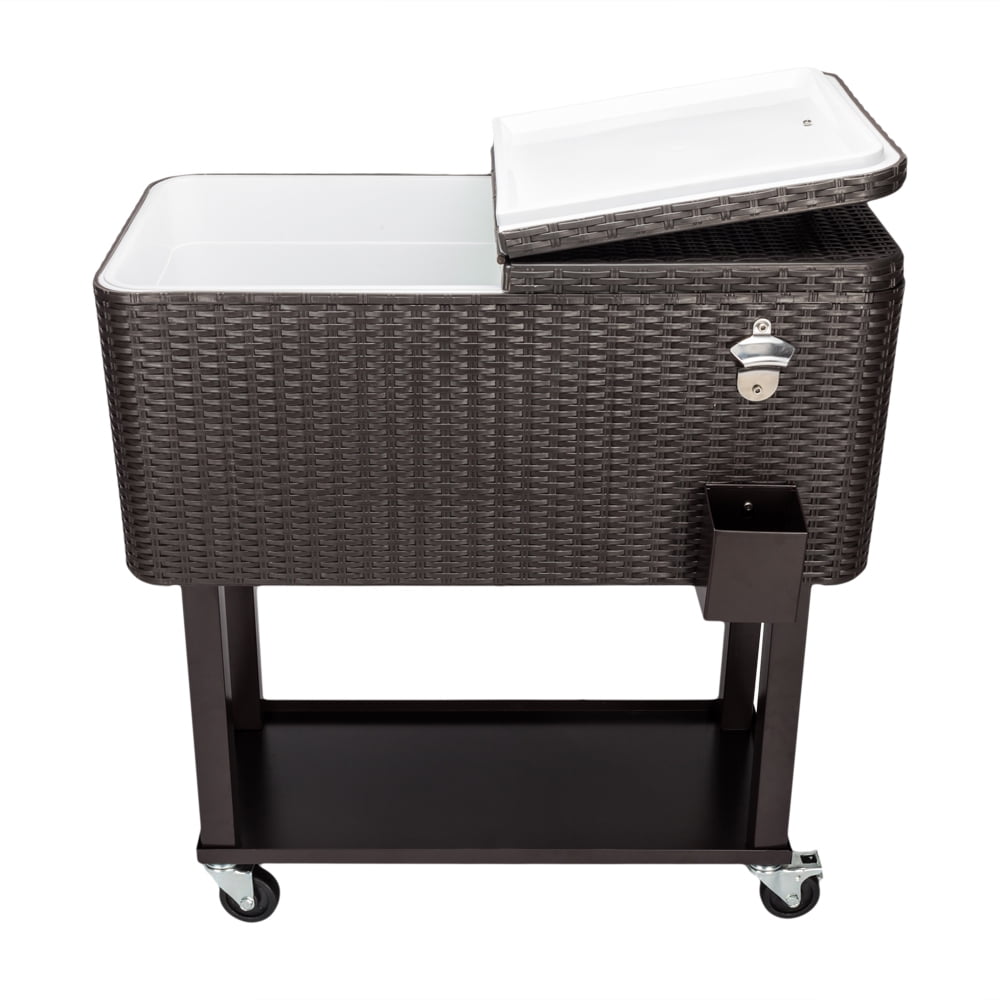 Ice Chest on Wheels with Shelf, 80 Quart Rolling Cart with Bottle Opener and Drain Plug, Portable Bar Drink Cooler, Outdoor Beverage Incubator for Patio Poolside Camping Party, Brown, D7205