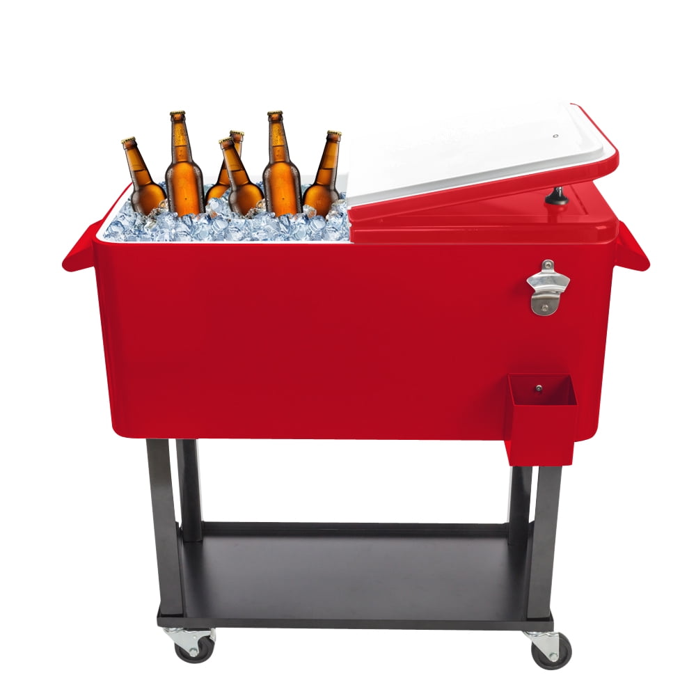 SYNGAR 80 Quart Rolling Cart on Wheels, Portable Ice Chest with Shelf, Bar Drink Cooler, Beverage Cooler with Bottle Opener and Drain Plug, for Party Patio Poolside Camping, Red, D6046