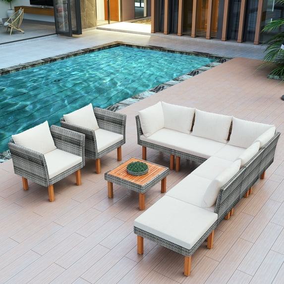 Outdoor Furniture Sets, SYNGAR 9 Piece Patio All Weather Wicker Sofa Set, Garden Sectional Furniture Set with Wood Legs and Beige Cushions, Backyard Conversation Chairs Set with Coffee Table, D8226