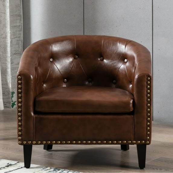 SYNGAR Accent Chair for Living Room, Bedroom Comfy Reading Armchair, Mid Century Modern PU Leather Tufted Arm Chair Upholstered Cozy Side Single Sofa Chair Club Chair Relaxing Seating, Brown