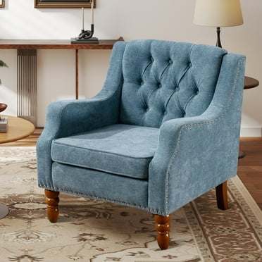SYNGAR Accent Chair, Mid-Century Linen Accent Armchair with Vintage Brass Studs, Solid Wood Legs, Button Tufted Upholstered, Comfy Reading Chair for Living Room and Bedroom, Reception Room, Blue