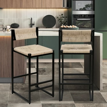 SYNGAR Bar Stools with Back Sets of 2, Woven Bar Chair with Metal Legs, Counter Height Bar Stools, Bar Chairs for Kitchen Bars Restaurants, Tufted Barstools Set, Creamy White