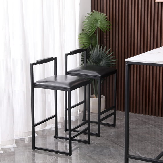 SYNGAR Bar Stools Set of 2, Modern Bar Stool with Low Backrest and Footrest, Armless PU Bar Stools with Adjustable Leg Pads, Counter Height Bar Stools for Living Room, Kitchen, Black