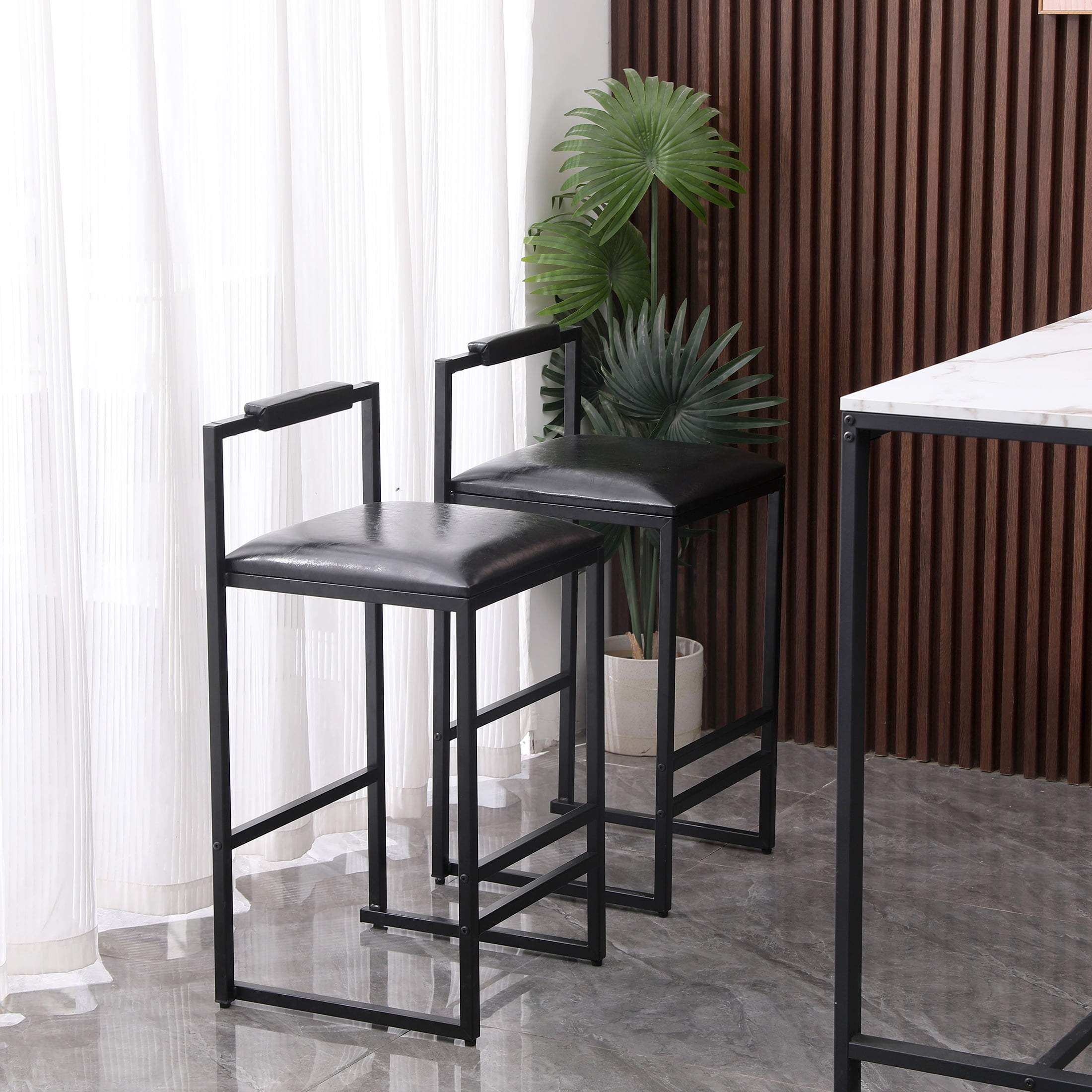 Modern Black Metal and Leather Bar Stools with Low Backrest, Set of 2