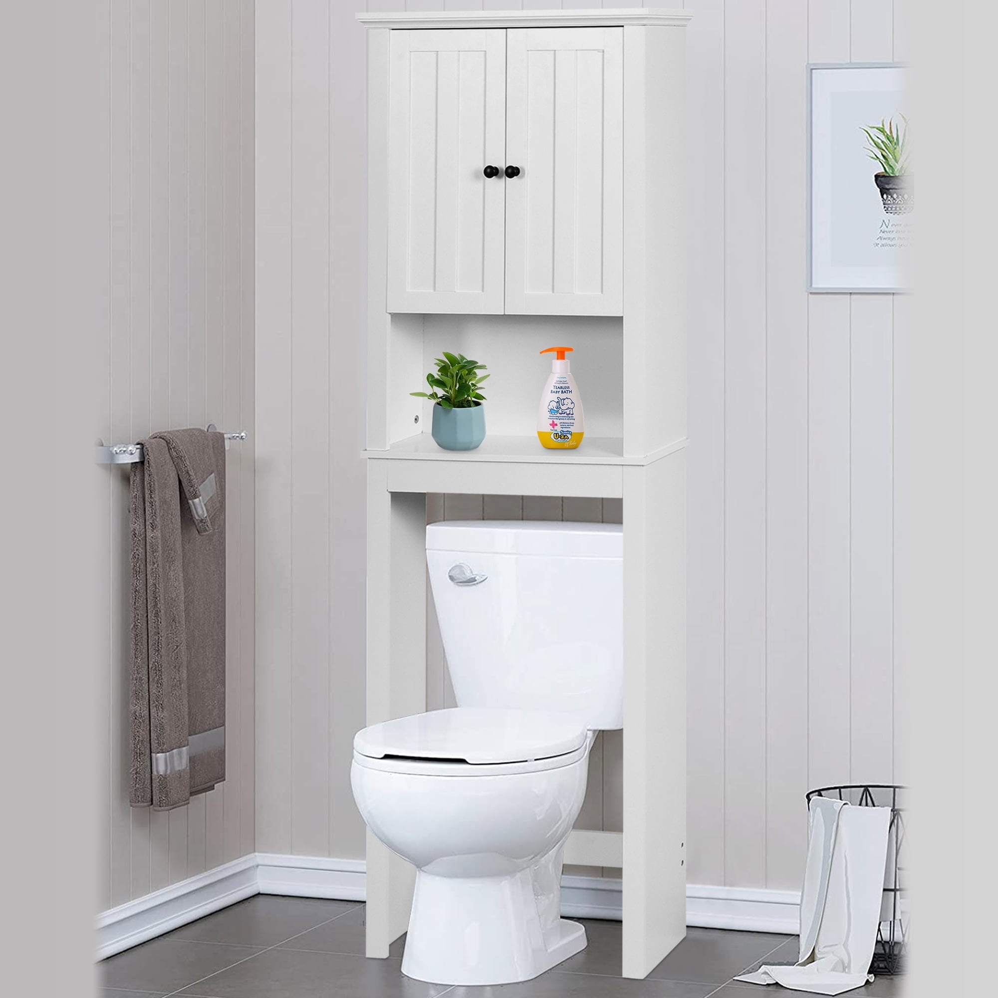 SYNGAR Bathroom Storage Cabinet, Over-the-Toilet Storage Cabinet with Double Doors and Shelves, Space Saving Home Free Standing Toilet Cupboard for Toiletries, Soaps, Shampoos, Body Wash, White, D4705