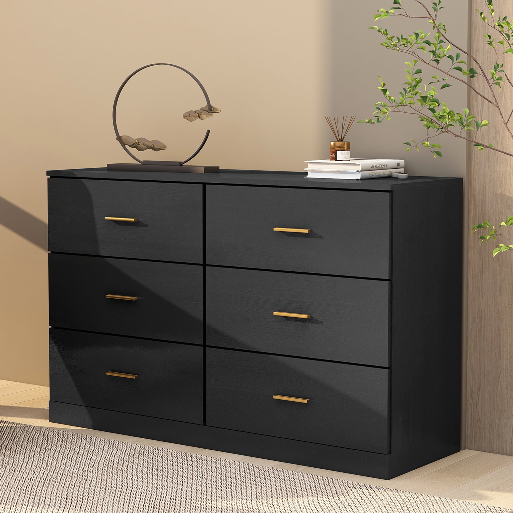 SYNGAR Black 6 Drawer Dresser Modern 47 Wood Chest of Drawers with Metal Handles for Bedroom Double Dresser Storage Cabinet Dresser Organizer Unit