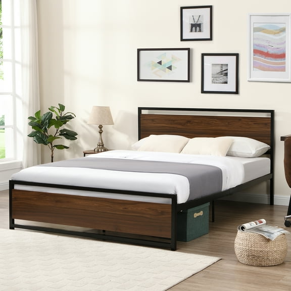 SYNGAR Black Iron Platform Bed Frame Full Size With Wooden Headboard and Footboard, New Upgrade Metal Legs Design, Industrial Full Bed Frame with Strong Slat Support