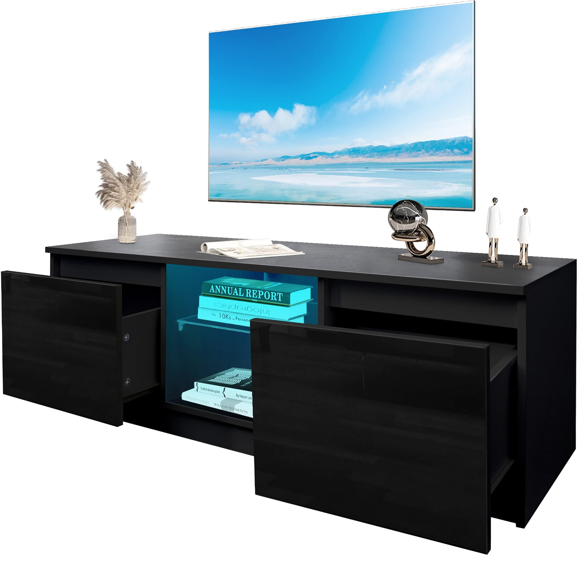SYNGAR Black TV Stand for 55 inch TV, Modern High Glossy TV Console