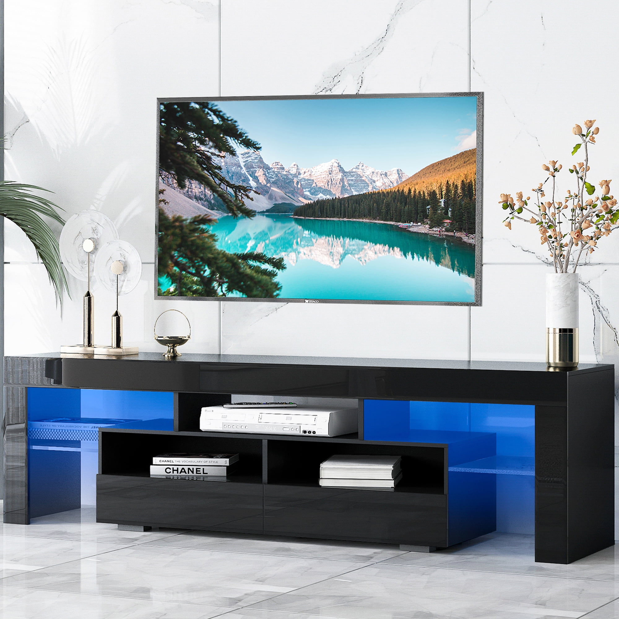 SYNGAR Black TV Stand for 70 inch TV, Modern High Glossy TV Console