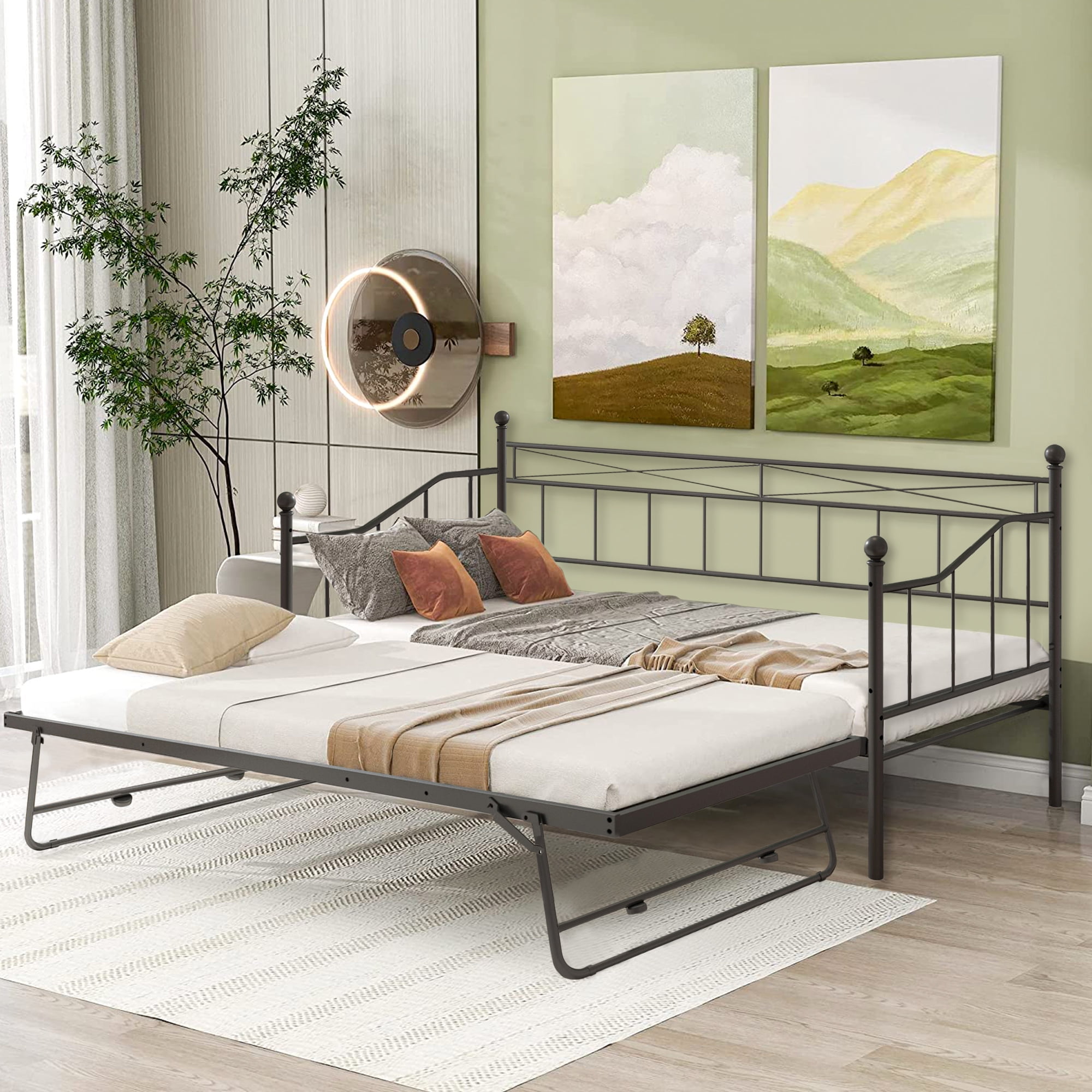 SYNGAR Black Twin Size Daybed with Pop Up Trundle Modern Metal