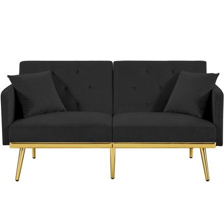 SYNGAR Couches for Living Room, Velvet Upholstered Convertible Sofa Bed with Armrests, Adjustable Backrest, Mid Century Futon Sofa and Couch for Home Apartment Dorm Living Room, Black