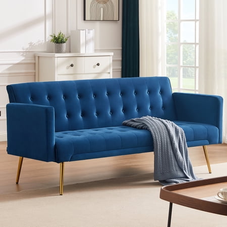 SYNGAR Couches for Living Room, Velvet Upholstered Convertible Sofa Bed with Armrests, Metal Legs, Adjustable Backrest, Mid Century Futon Sofa and Couch for Home Apartment Living Room, Blue