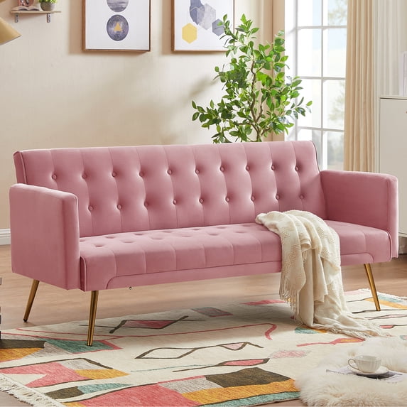 SYNGAR Couches for Living Room, Velvet Upholstered Convertible Sofa Bed with Armrests, Metal Legs, Adjustable Backrest, Mid Century Futon Sofa and Couch for Home Apartment Living Room, Pink
