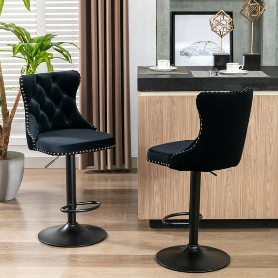 SYNGAR Counter Height Bar Stools, Set of 2, Height Adjustable Swivel Chairs with Footrest, Tufted Upholstered Dining Chairs, Modern Velvet Bar Chairs with Back, for Home/Kitchen/Pub, Black, D8346