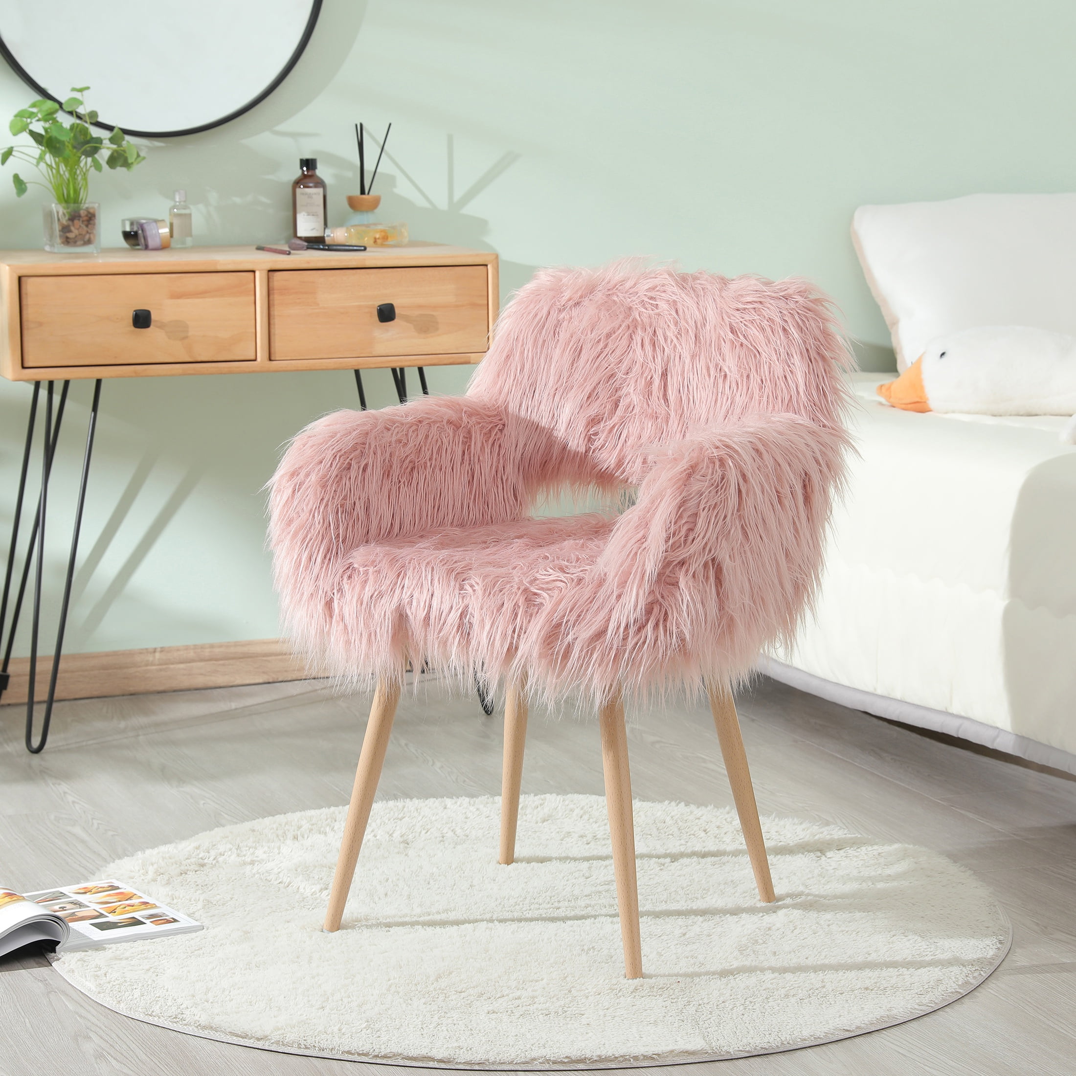 SYNGAR Pink Faux Fur Upholstered Chair for Bedroom Cute Desk Chair with Backrest and Armrest Elegant Makeup Vanity Chair with Wood Style Metal Leg