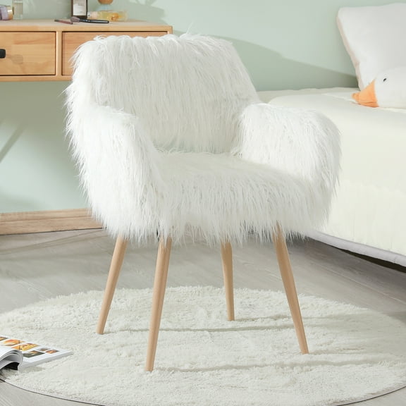 SYNGAR White Faux Fur Upholstered Chair for Bedroom, Cute Desk Chair with Backrest and Armrest, Elegant Makeup Vanity Chair with Wood Style Metal Leg for Living Room, Easy Assemble