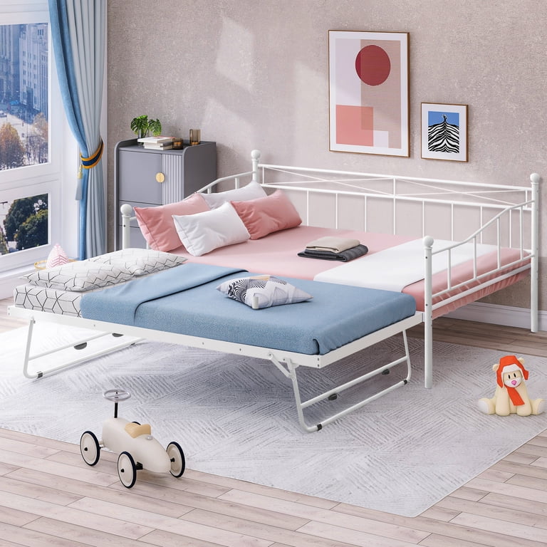 Twin Daybed With Trundle & Heart-Shaped Headboard - Metal Frame, White, Easy Assembly
