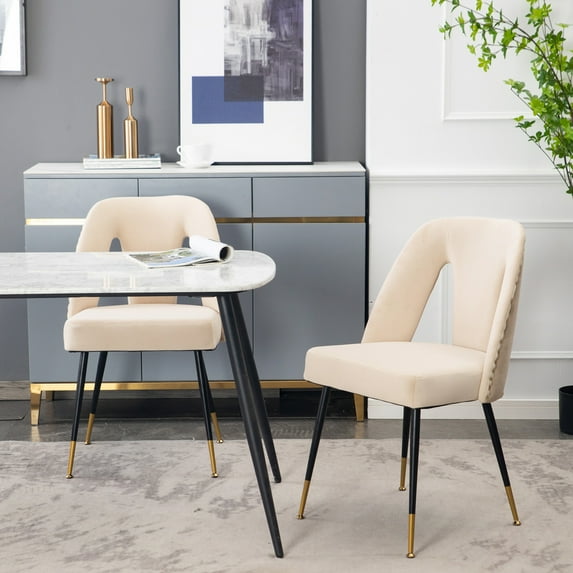 SYNGAR Dining Chairs Set of 2, Modern Kitchen Accent Chairs, Comfort Upholstered Chairs with Soft Backrest, Velvet Fabric Side Chairs for Dining Room, Home Living Room Chairs, Beige, D5623