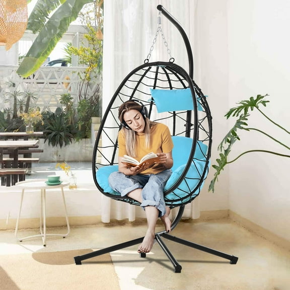 SYNGAR Swing Egg Chair, Wicker Hanging Chair with Stand and Cushion, Heavy Duty Frame, for Indoor/Outdoor, Patio, Poolside, Balcony, Bedroom, 300 lbs Capacity, Blue, D6514