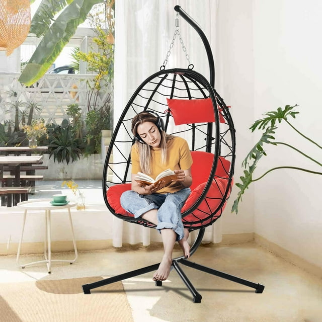 SYNGAR Egg Chair with Stand, Wicker Swing Chair, Patio Hammock Chair