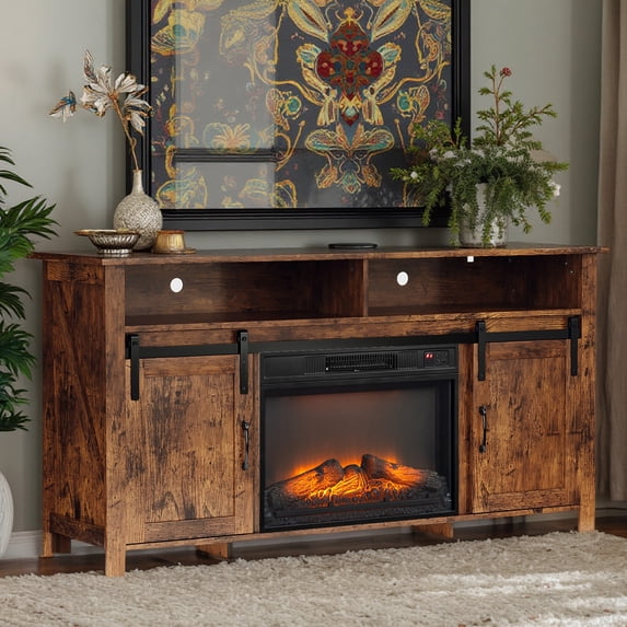 SYNGAR Farmhouse Fireplace TV Stand for TVs up to 70" with 23" Electric Fireplace with 6 Flame Colors, Entertainment Center with Open Shelves and 2-Door Storage, for Living Room, Brown