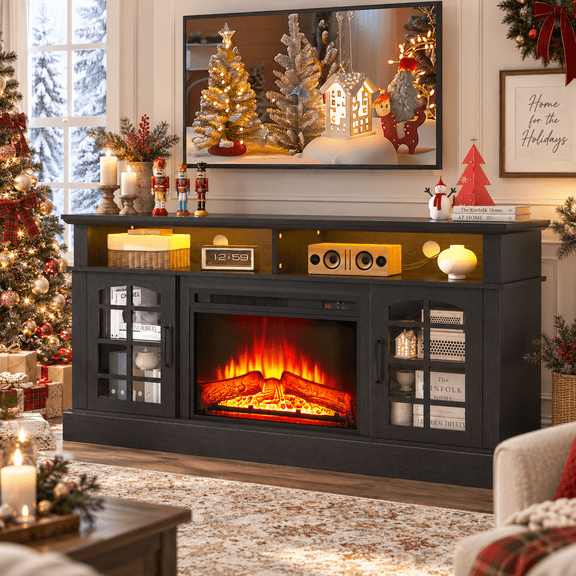 HSUNNS Fireplace TV Stand for TVs up to 65", Fireplace Entertainment Center TV Console Table with LED Lights, Adjustable Flame Brightness, Storage Cabinets & Shelves, Black