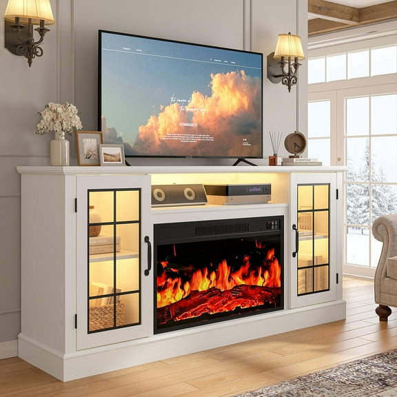 PAPROOS 63" Fireplace TV Stand for TVs up to 70" with 32" Electric Fireplace, Entertainment Center with LED, Modern Television Table Center With Remote Control for Living Room, White