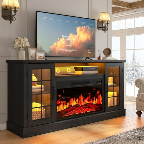 PAPROOS 63" Fireplace TV Stand for TVs up to 70" with 32" Electric Fireplace, Entertainment Center with LED, Modern Television Table Center With Remote Control for Living Room, Black