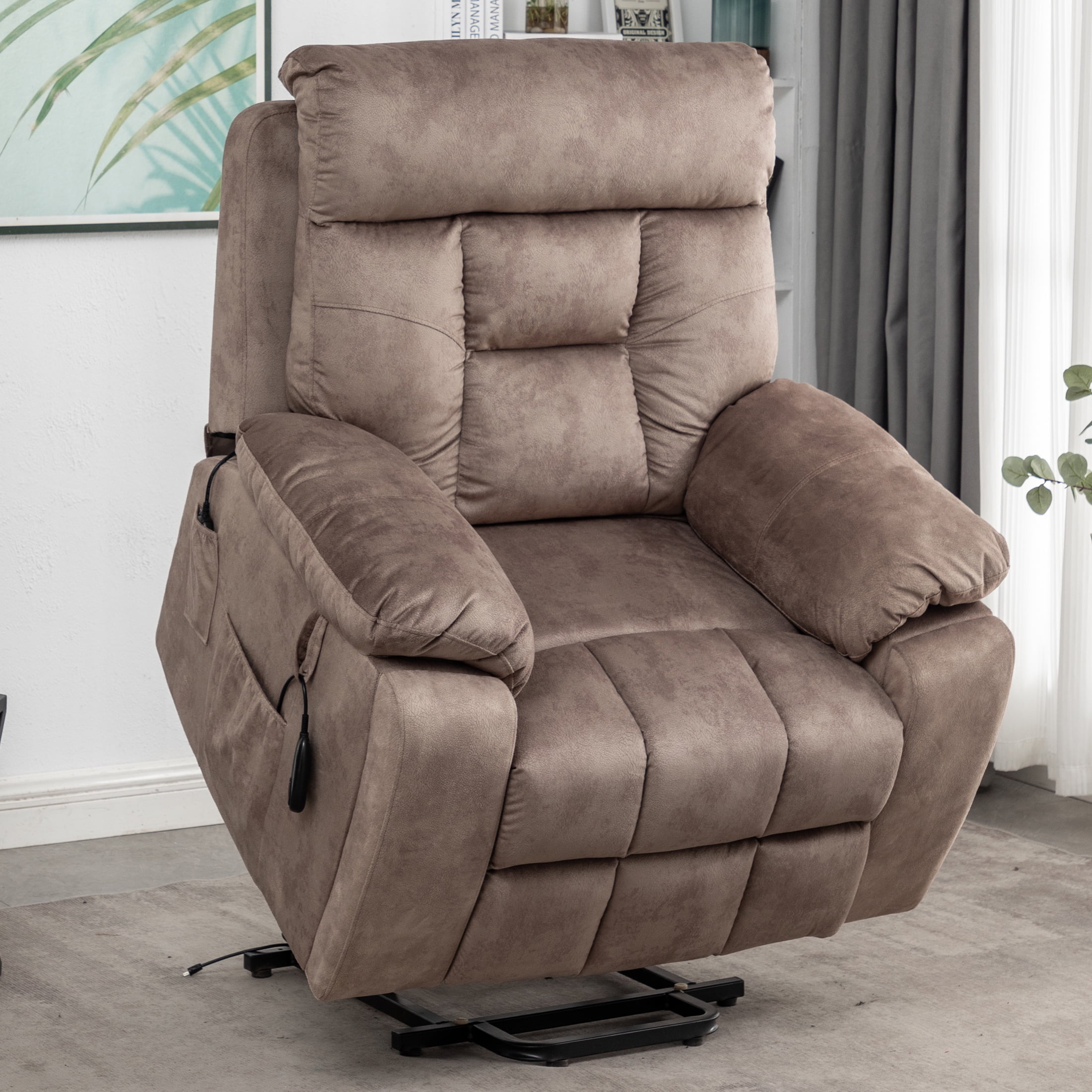 Oversized Swivel Rocker Recliner With Heat & Massage – 360° Swivel, Cup Holders, USB Port, Brown Leather