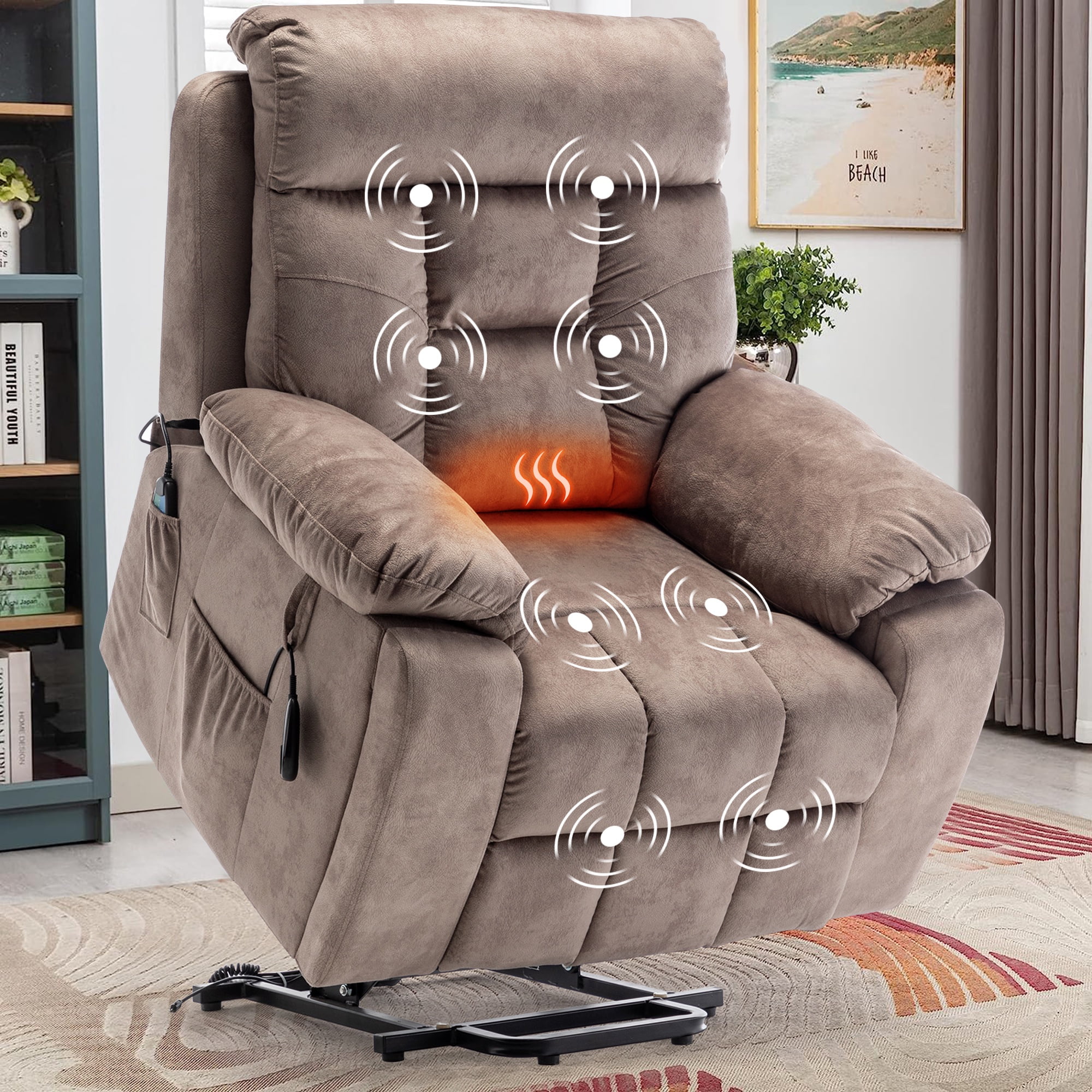 SYNGAR Electric Lift Recliner Chair with Heat and Massage, Oversized Recliner with Hidden Cup Holder for Living Room, Single Recliner Sofa with 26" Width Seat, Easy Assembly, Light Brown