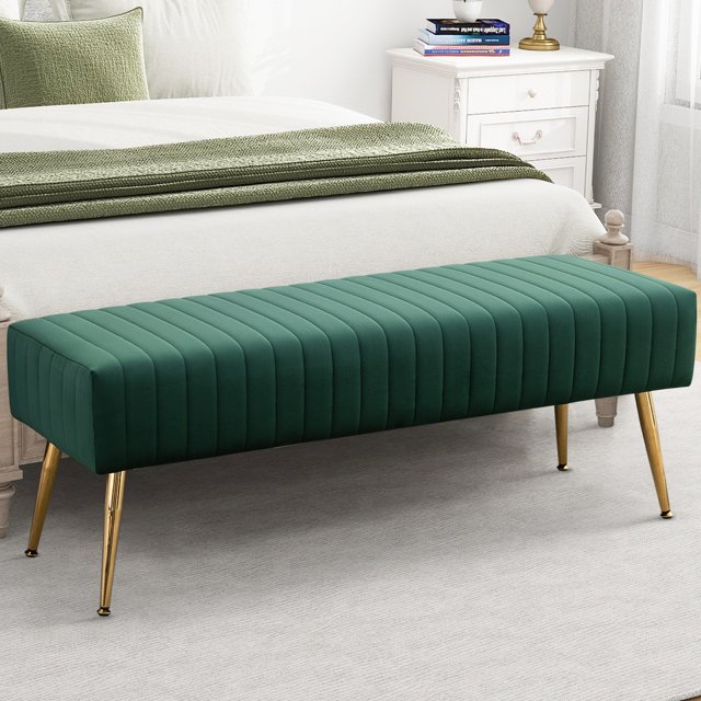 SYNGAR Entryway Bench, Velvet Upholstered Seat Footstool, Rectangular End of Bed Bench with