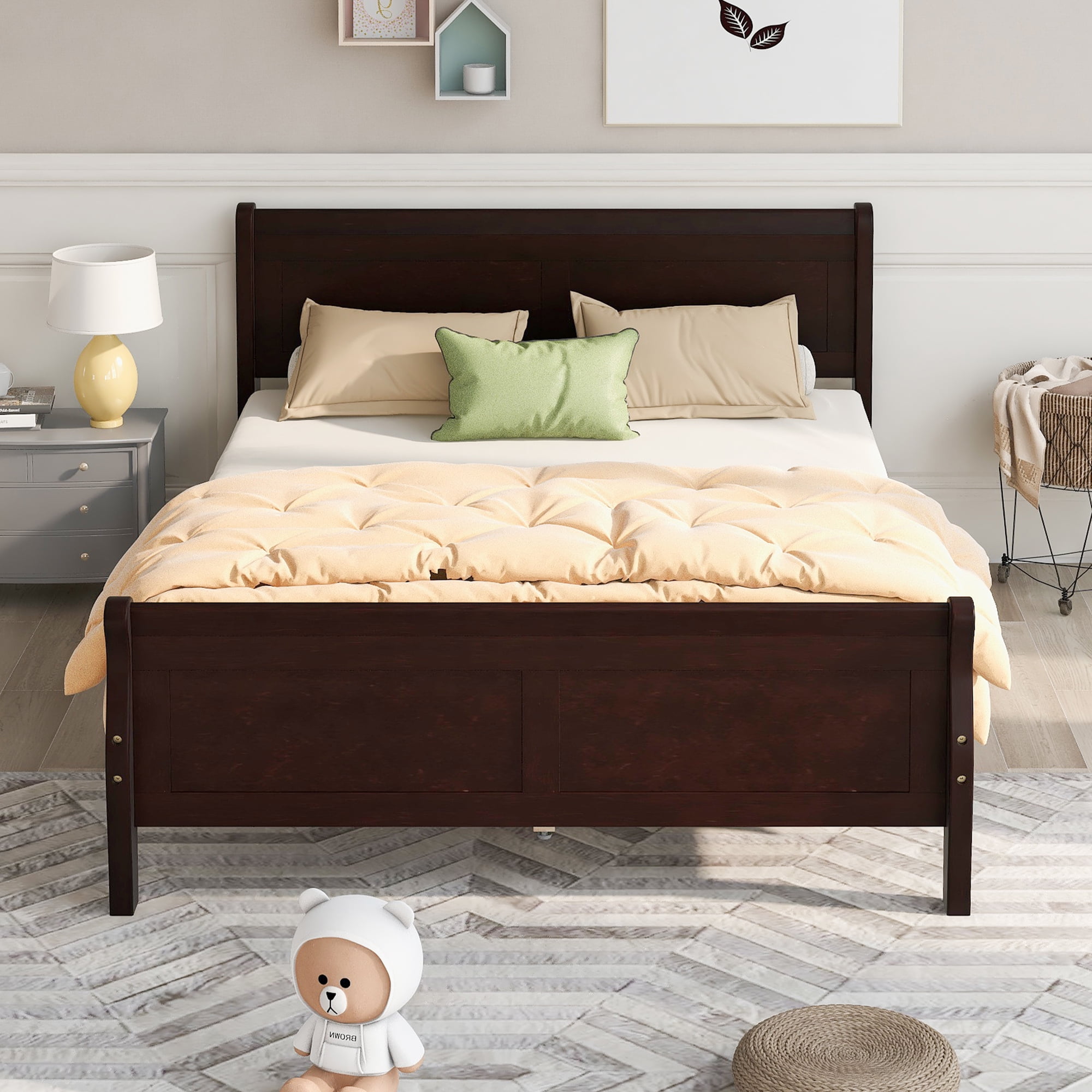 SYNGAR Espresso Solid Wood Queen Bed Frame with Headboard and Footboard No Box Spring Needed