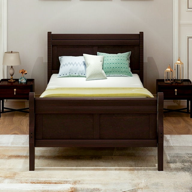 SYNGAR Espresso Solid Wood Twin Bed Frame with Headboard and Footboard