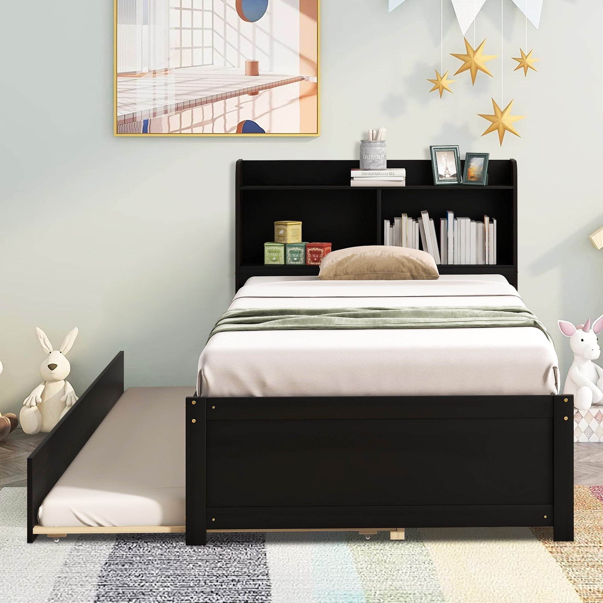SYNGAR Espresso Twin Bed Frame with Trundle and Storage Bookcase, Kids Platform Twin Size Bed