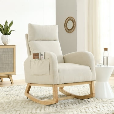 SYNGAR Fabric Upholstered Rocking Chair with Solid Wood Base and 2 Side Pockets, Mid Century Modern Nursery Rocking Armchair Tall Back for Home Office Living Room Bedroom Balcony, White
