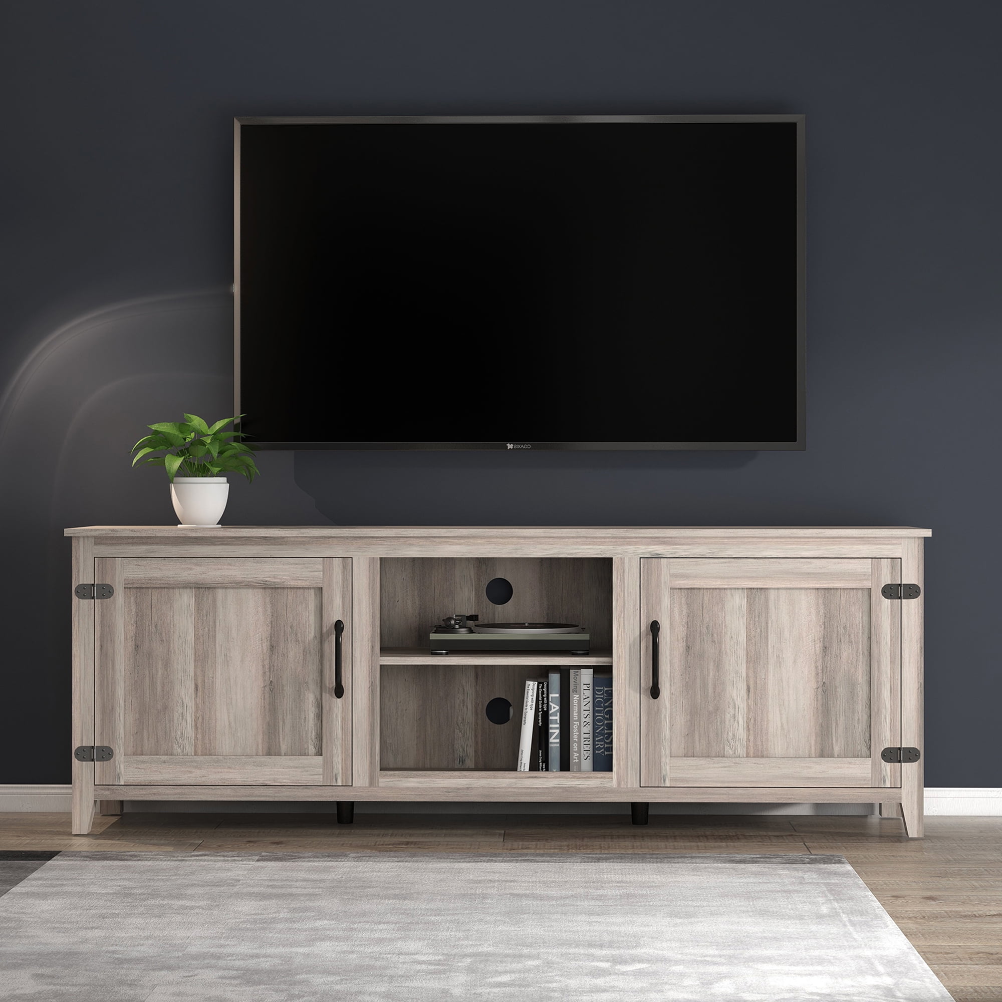 SYNGAR Farmhouse TV Stand for 70 inch TV, Gray Walnut Wooden Console ...