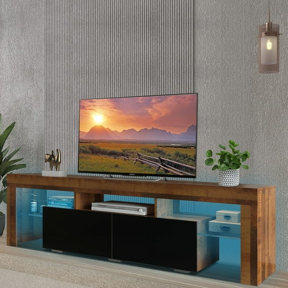 SYNGAR Fir Wood TV Stand for 70 inch TV, Farmhouse Rustic Wooden Television Stands TV Cabinet Console Table with 16 Colors LED Lights, Living Room TV Buffet Cabinet with Storage, 63"L×14"W×18"H
