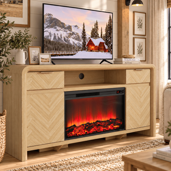HSUNNS Warm Modern Fireplace TV Stand with Herringbone Storage Drawers & Cabinets, 63" Rounded Entertainment Center for TVs up to 70", Television Table With 30" Fireplace for Living Room, Natural