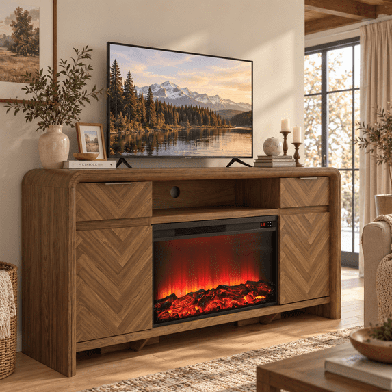 HSUNNS Warm Modern Fireplace TV Stand with Herringbone Storage Drawers & Cabinets, 63" Rounded Entertainment Center for TVs up to 70", Television Table With 30" Fireplace for Living Room, Walnut
