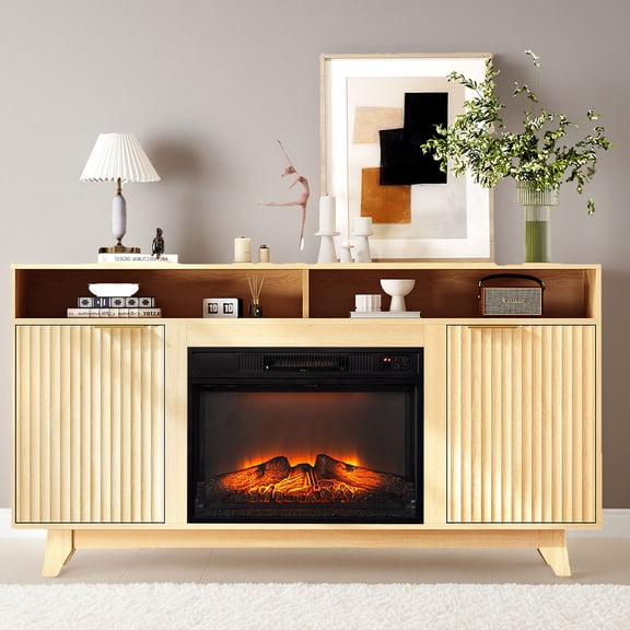 SYNGAR Fireplace TV Stand with 23 Inch Electric Fireplace Insert, 58 Inch Modern Media Console for Living Room, Entertainment Center with Open Shelves Storage, Oak Finish, Gold Handles
