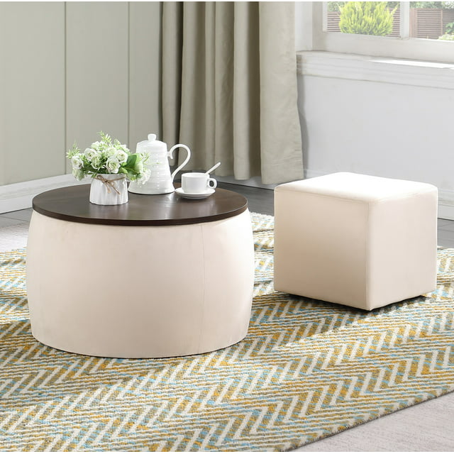 SYNGAR Foot Stool and Storage Ottoman, 2PCS Round Ottoman Coffee Table with Wooden Tray and Storage for Bedroom, LJ431