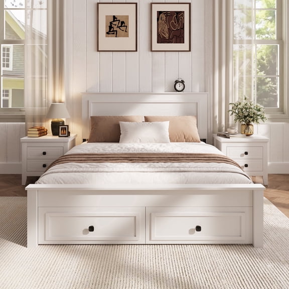 HSUNNS Full Size Bed Frame with Minimalist Headboard, Farmhouse Bedroom Furniture, Strong Solid Wood Slats Support, Platform Bed with Storage Chest with 2 Drawers, No Box Spring Needed, Pure White