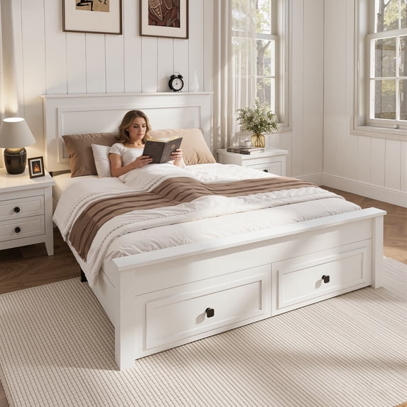 HSUNNS Full Size Bed Frame with Minimalist Headboard, Farmhouse Bedroom Furniture, Strong Wood Slats Support, Platform Bed with Storage Chest with 2 Drawers, No Box Spring Needed, Pure White