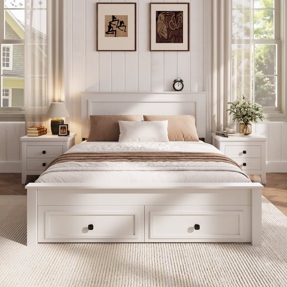 HSUNNS Full Size Bed Frame with Minimalist Headboard, Farmhouse Bedroom Furniture, Strong Solid Wood Slats Support, Platform Bed with Storage Chest with 2 Drawers, No Box Spring Needed, Pure White