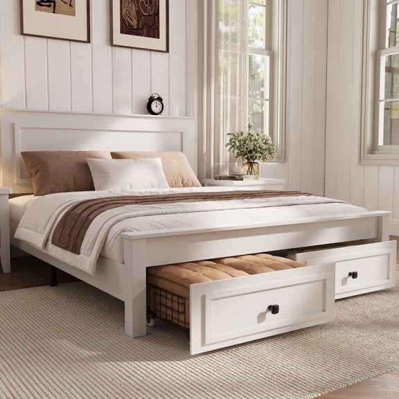 SYNGAR Full Bed Frame with Storage, Full Size Platform Bed with 2 Drawers, Wooden Bed Frame with Headboard, Solid Wood Support, No Box Spring, Farmhouse White Bed