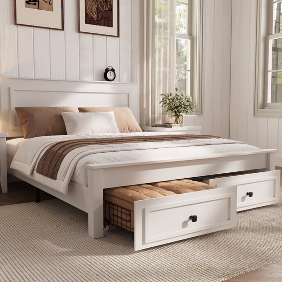 SYNGAR Full Bed Frame with Storage, Full Size Platform Bed with 2 Drawers, Wooden Bed Frame with Headboard, Solid Wood Support, No Box Spring, Farmhouse White Bed