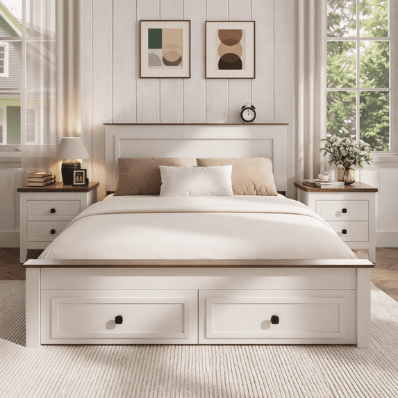 SYNGAR Full Bed Frame with Storage, Full Size Platform Bed with 2 Drawers, Wooden Bed Frame with Headboard, Heavy Duty Wood Support, No Box Spring, Farmhouse White+Brown Bed