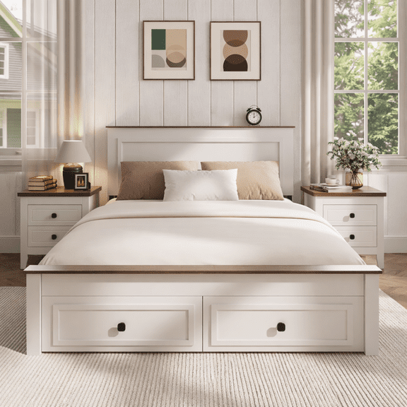 SYNGAR Full Bed Frame with Storage, Full Size Platform Bed with 2 Drawers, Wooden Bed Frame with Headboard, Heavy Duty Wood Support, No Box Spring, Farmhouse White+Brown Bed