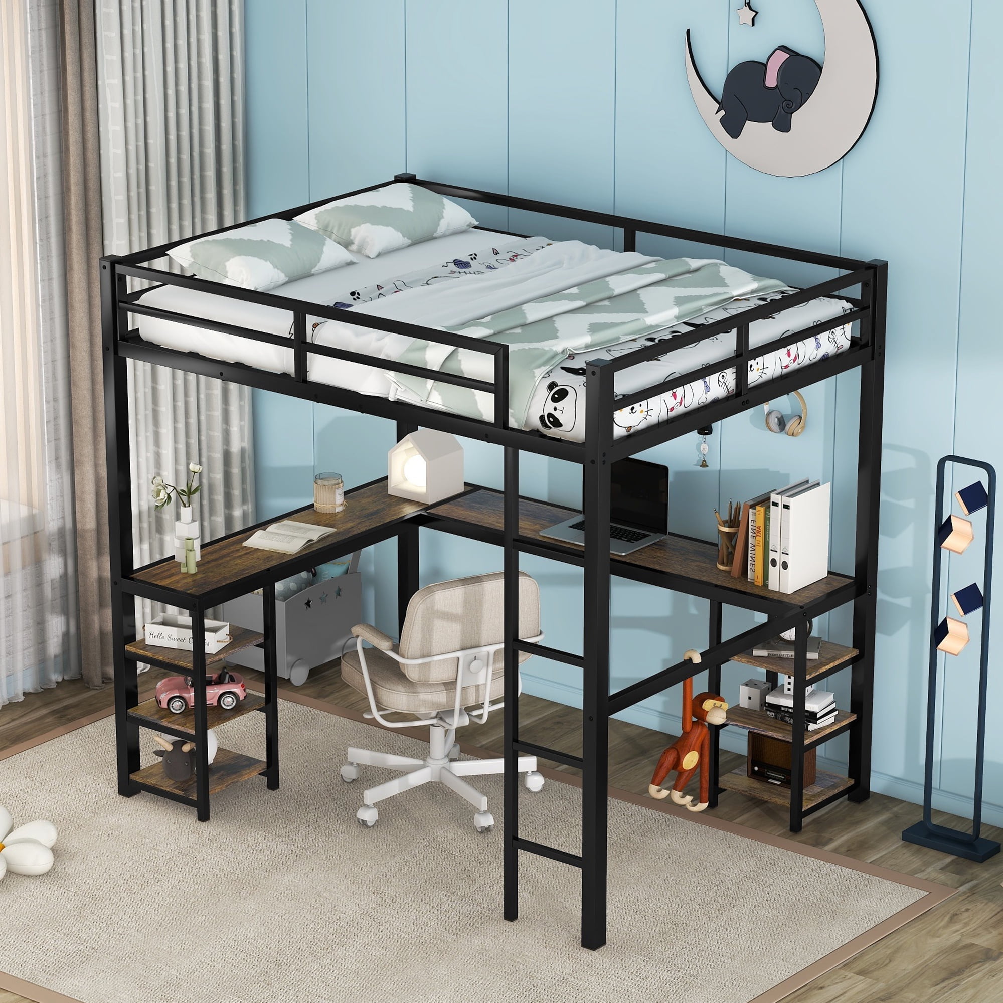 SYNGAR Full Loft Bed, New Upgraded Metal Bunk Bed with Long Desk ...